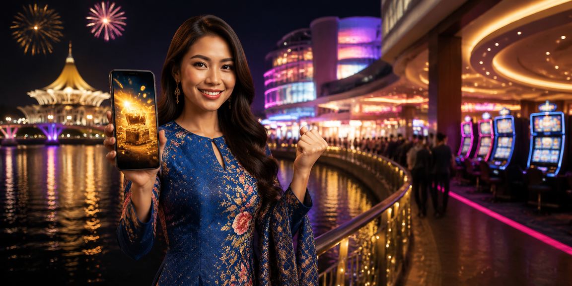 Pengguna Kuching dalam pakaian baju kurung mengakses platform pertaruhan melalui telefon